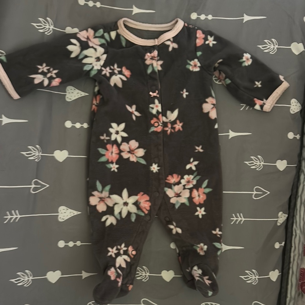 Baby Floral Footed One-Piece - Dark Gray with Pink Flowers